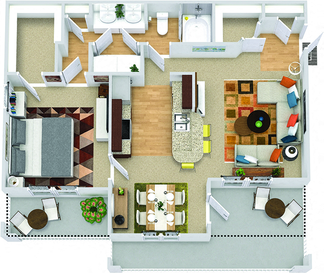 Floor plan for 1 bed, 1 bath, 802 sqft